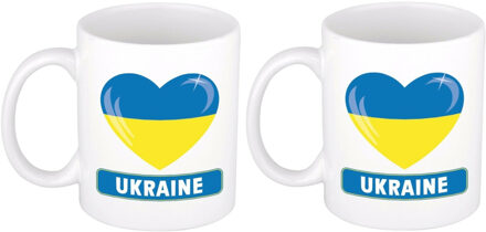 Bellatio Decorations Hartje vlag Oekranie mok / beker - 2x - wit - 300 ml - keramiek