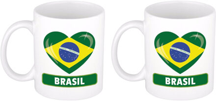 Bellatio Decorations Hartjes vlag Brazilie koffiemok - 2x - drink beker - white - 300 ml
