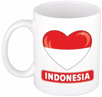 Bellatio Decorations Hartjes vlag Indonesie koffiemok - drink beker - white - 300 ml - supporters Wit
