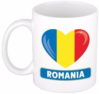 Bellatio Decorations Hartjes vlag Roemanie koffiemok - drink beker - white - 300 ml - supporters