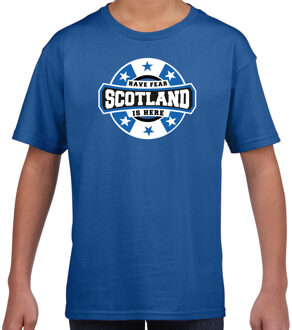 Bellatio Decorations Have fear Scotland is here / Schotland supporter t-shirt blauw voor kids L (146-152)