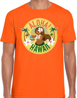 Bellatio Decorations Hawaii feest t-shirt - Aloha - voor heren - oranje - Carnaval party verkleedkleding - Hawaiishirts