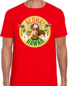 Bellatio Decorations Hawaii feest t-shirt - Aloha - voor heren - rood - Carnaval party verkleedkleding - Hawaiishirts