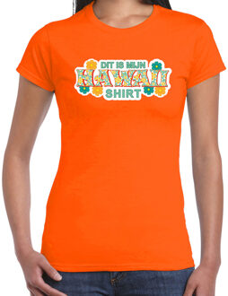 Bellatio Decorations Hawaii shirt zomer t-shirt oranje met groene letters voor dames XS - Feestshirts