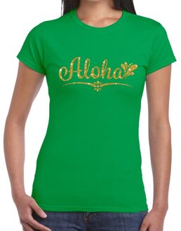 Bellatio Decorations Hawaii verkleedkleding T-shirt - Aloha - groen - voor dames - met gouden letters