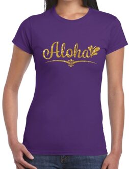Bellatio Decorations Hawaii verkleedkleding T-shirt - Aloha - paars - voor dames - met gouden letters