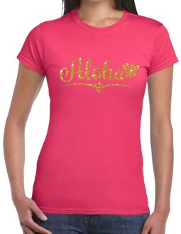 Bellatio Decorations Hawaii verkleedkleding T-shirt - Aloha - roze - voor dames - met gouden letters