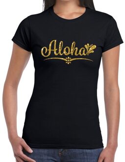 Bellatio Decorations Hawaii verkleedkleding T-shirt - Aloha - zwart - voor dames - met gouden letters
