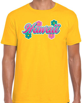 Bellatio Decorations Hawaii zomer t-shirt geel met bloemen voor heren 2XL - Feestshirts