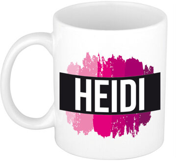 Bellatio Decorations Heidi naam cadeau koffie mok - beker - met roze verfstrepen - Cadeau collega - moederdag