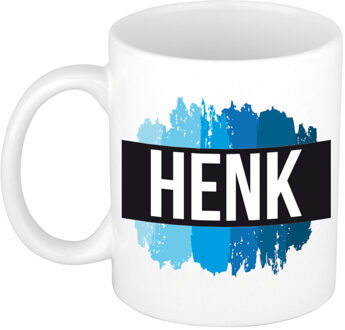 Bellatio Decorations Henk naam cadeau koffie mok - beker - met blauw verfstrepen - Cadeau collega - vaderdag
