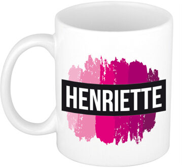 Bellatio Decorations Henriette naam cadeau koffie mok - beker - met roze verfstrepen - Cadeau collega - moederdag