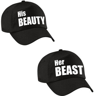 Bellatio Decorations Her Beast en His beauty baseballcaps - zwart met witte tekst - volwassenen - bruiloft