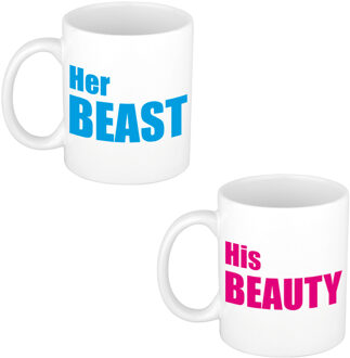 Bellatio Decorations Her beast en his beauty cadeau mok / beker wit met blauwe / roze blokletters 300 ml - feest mokken