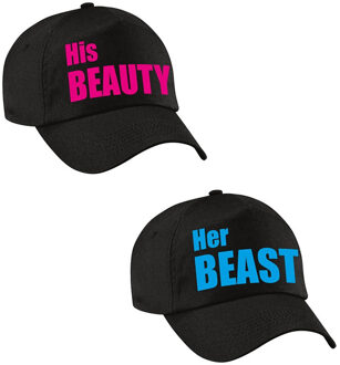 Bellatio Decorations Her Beast en His beauty caps blauw / roze tekst volwassenen Zwart