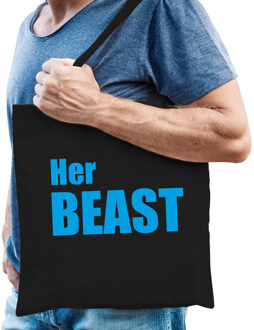 Bellatio Decorations Her beast tas / shopper zwart katoen met blauwe tekst voor heren - Feest Boodschappentassen