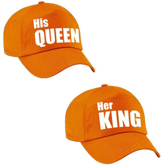 Bellatio Decorations Her King / His Queen petten oranje met witte letters volwassenen