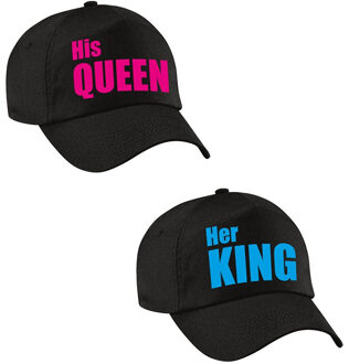 Bellatio Decorations Her King / His Queen zwarte petten blauw/roze tekst volwassenen