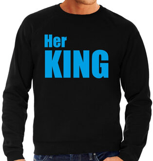 Bellatio Decorations Her king sweater / trui zwart met blauwe letters voor heren
