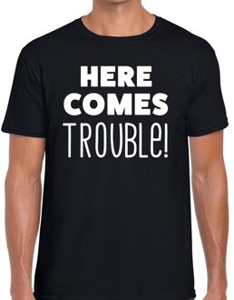 Bellatio Decorations Here comes trouble tekst t-shirt zwart heren 2XL