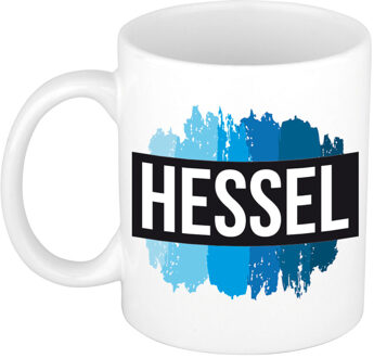 Bellatio Decorations Hessel naam cadeau koffie mok - beker - met blauw verfstrepen - Cadeau collega - vaderdag