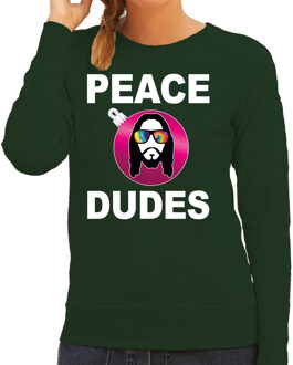 Bellatio Decorations Hippie jezus Kerstbal sweater / Kerst outfit peace dudes groen voor dames
