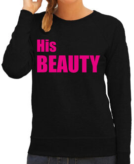 Bellatio Decorations His beauty sweater / trui zwart met roze letters voor dames 2XL