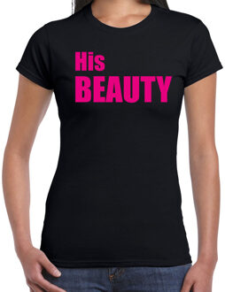 Bellatio Decorations His beauty t-shirt zwart met roze letters voor dames XS