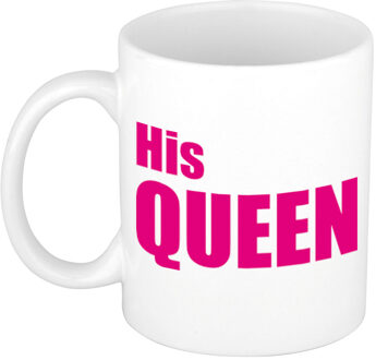 Bellatio Decorations His queen cadeau mok / beker wit met roze letters 300 ml - feest mokken