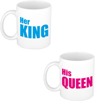 Bellatio Decorations His queen en her king cadeau mok / beker wit met roze / blauwe blokletters 300 ml - feest mokken