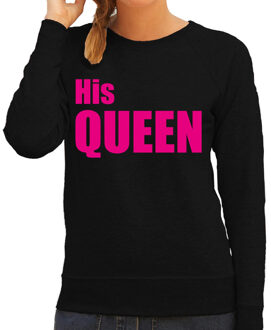 Bellatio Decorations His queen sweater / trui zwart met roze letters voor dames L
