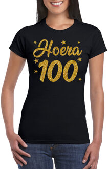 Bellatio Decorations Hoera 100 jaar verjaardag cadeau t-shirt - goud glitter op zwart - dames - cadeau shirt XS