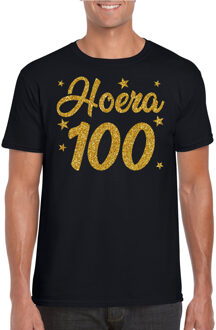 Bellatio Decorations Hoera 100 jaar verjaardag cadeau t-shirt - goud glitter op zwart - heren - cadeau shirt 2XL