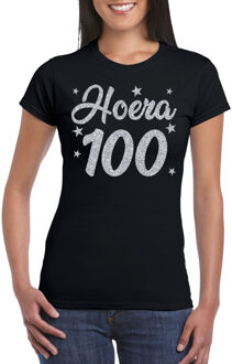 Bellatio Decorations Hoera 100 jaar verjaardag cadeau t-shirt - zilver glitter op zwart - dames - cadeau shirt 2XL