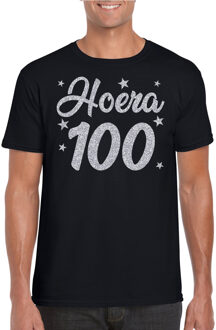 Bellatio Decorations Hoera 100 jaar verjaardag cadeau t-shirt - zilver glitter op zwart - heren - cadeau shirt 2XL