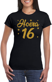 Bellatio Decorations Hoera 16 jaar verjaardag cadeau t-shirt - goud glitter op zwart - dames - cadeau shirt XS