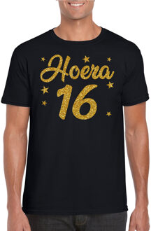 Bellatio Decorations Hoera 16 jaar verjaardag cadeau t-shirt - goud glitter op zwart - heren - cadeau shirt 2XL