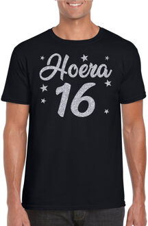 Bellatio Decorations Hoera 16 jaar verjaardag cadeau t-shirt - zilver glitter op zwart - heren - cadeau shirt 2XL