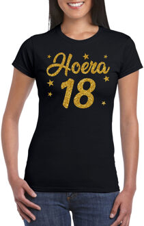 Bellatio Decorations Hoera 18 jaar verjaardag cadeau t-shirt - goud glitter op zwart - dames - cadeau shirt XS