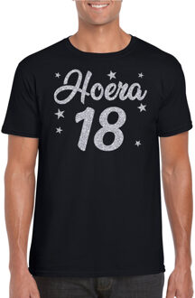 Bellatio Decorations Hoera 18 jaar verjaardag cadeau t-shirt - zilver glitter op zwart - heren - cadeau shirt 2XL