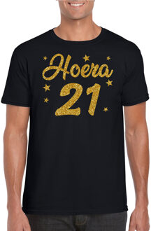 Bellatio Decorations Hoera 21 jaar verjaardag cadeau t-shirt - goud glitter op zwart - heren - cadeau shirt 2XL