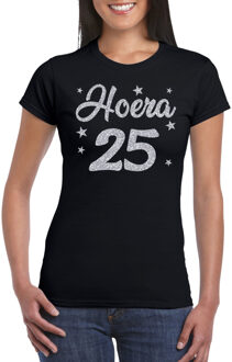 Bellatio Decorations Hoera 25 jaar verjaardag / jubileum cadeau t-shirt - zilver glitter op zwart - dames - cadeau shirt L