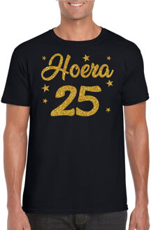 Bellatio Decorations Hoera 25 jaar verjaardag / jubileum cadeau t-shirt zilver glitter op zwart heren