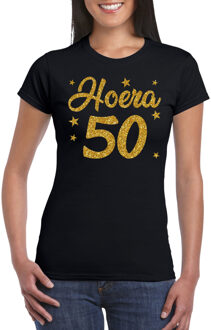 Bellatio Decorations Hoera 50 jaar verjaardag cadeau t-shirt - goud glitter op zwart - dames - Sarah cadeau shirt 2XL