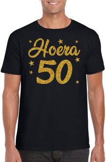 Bellatio Decorations Hoera 50 jaar verjaardag cadeau t-shirt - goud glitter op zwart - heren - Abraham cadeau shirt 2XL