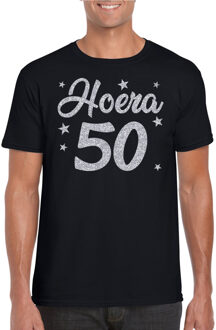 Bellatio Decorations Hoera 50 jaar verjaardag cadeau t-shirt - zilver glitter op zwart - heren - Abraham cadeau shirt 2XL