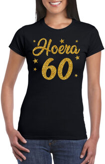 Bellatio Decorations Hoera 60 jaar verjaardag cadeau t-shirt - goud glitter op zwart - dames - cadeau shirt XS