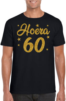 Bellatio Decorations Hoera 60 jaar verjaardag cadeau t-shirt - goud glitter op zwart - heren - cadeau shirt 2XL