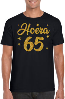 Bellatio Decorations Hoera 65 jaar verjaardag cadeau t-shirt - goud glitter op zwart - heren - cadeau shirt 2XL