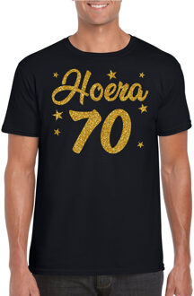 Bellatio Decorations Hoera 70 jaar verjaardag cadeau t-shirt - goud glitter op zwart - heren - cadeau shirt L